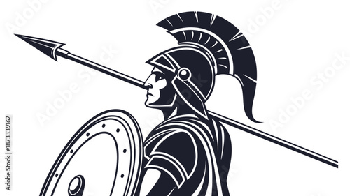 A striking depiction of a spartan warrior in profile holding a spear and shield silhouette