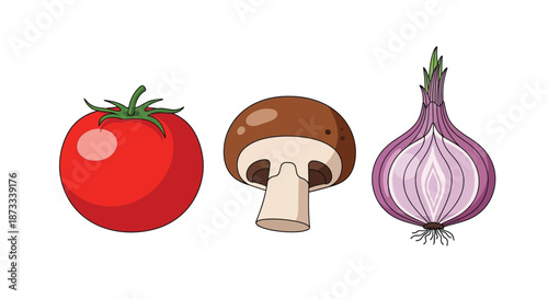 Tomato, mushroom, and sliced red onion are displayed as fresh vegetable ingredients.