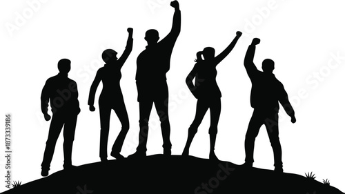 A group of people with arms raised in celebration standing on a hill top silhouette