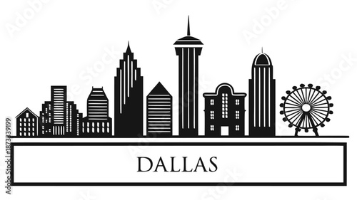 A striking black skyline illustration of dallas texas featuring iconic buildings and a ferris wheel silhouette
