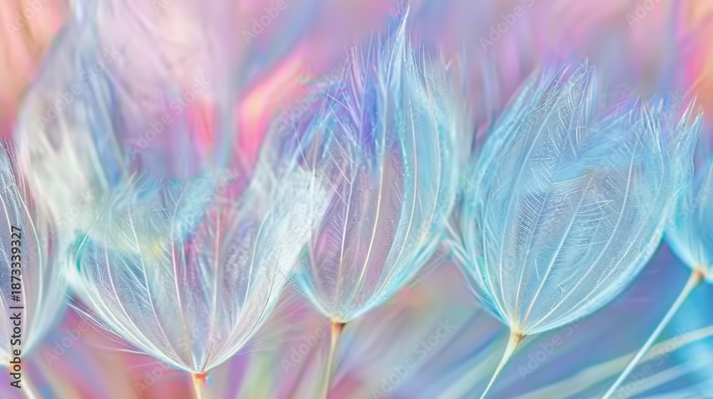 Fototapeta premium Abstract macro of fluffy dandelion seeds in soft pastel colors, ethereal blue and pink nature background for dreamlike concept
