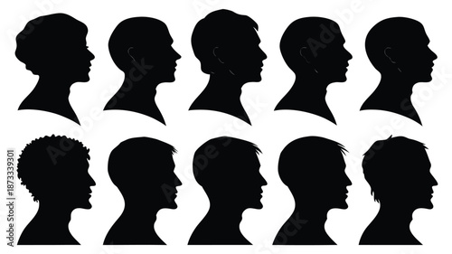 A collection of diverse human profile outlines in stark black displaying varying hairstyles a silhouette