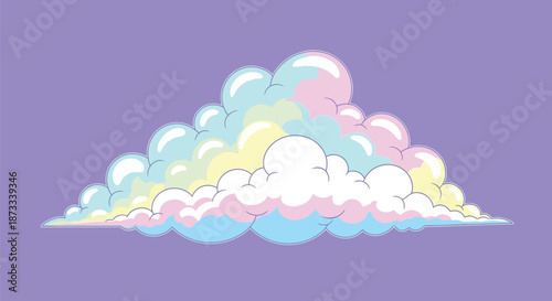 Fluffy pastel cloud cluster floats against solid lavender background in whimsical.