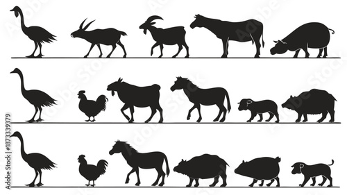 a collection of diverse farm and wild animals depicted in a distinctive black silhouette high quality