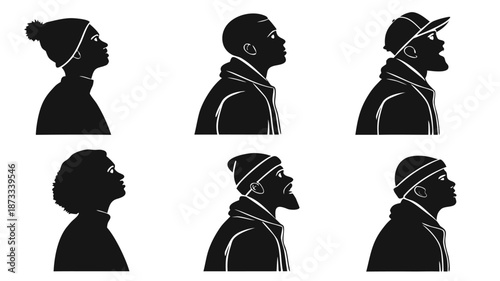 Diverse group of individuals depicted in profile views showcasing varied hairstyles and facial features silhouette