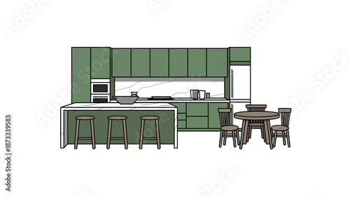 A modern kitchen with green cabinets and a dining area table