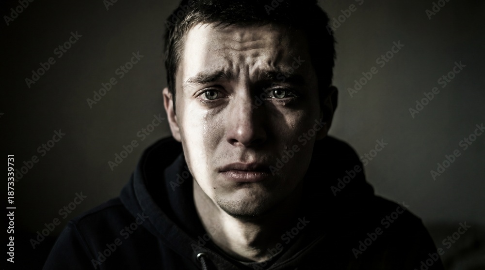 Obraz premium A close-up of a young man with a distressed expression, tears streaming down his face, reflecting deep emotion and vulnerability.