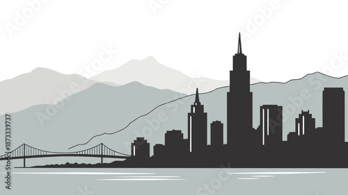 A dramatic skyline view featuring mountains a bridge and modern buildings in stark silhouette high quality