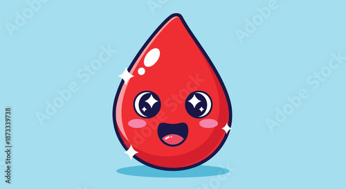 Cute cartoon blood drop character smiles brightly against light blue background.