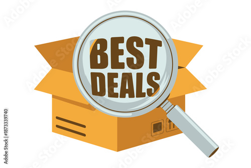 A magnifying glass with best deals text on a cardboard box