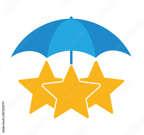 A blue umbrella protecting three yellow stars on a white background
