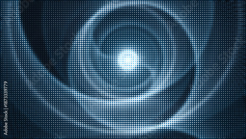 Abstract blue halftone spiral made of dots forming a circular optical illusion. Modern vector background for posters, branding, web design, presentations, and digital media projects.