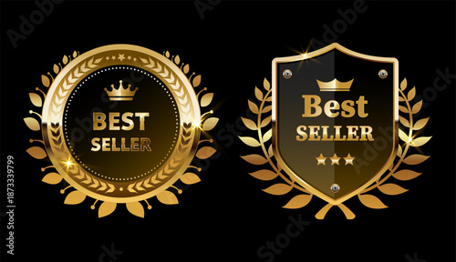 Golden Best Seller Badge and Shield Emblem with Laurel Wreath on Black Background