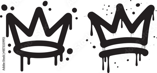 dripping graffiti crown icon set – street art royal symbol black and white spray paint vector