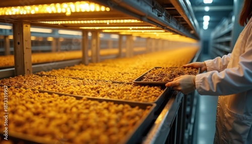 Scientist in clean lab coat holds tray of crickets from farm rack. Numerous insects grow under warm artificial lights inside modern agri tech facility. Efficient setup demonstrates sustainable
