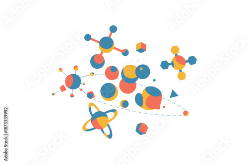 A colorful illustration of molecular structures and atoms in a scientific concept