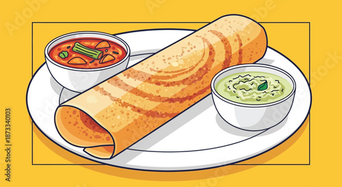 South Indian dosa served on a white plate with sambar and green chutney side bowls.