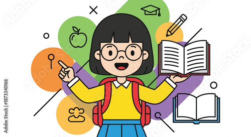 Smiling student with glasses points to an open book surrounded by educational icons.