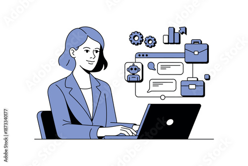 A woman working on a laptop with various business icons floating above