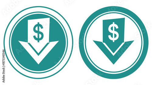 Two teal circular icons depicting a downward pointing dollar sign symbolizing financial loss or decrease silhouette