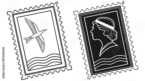 Two vintage postage stamps featuring a bird in flight and a woman s profile in silhouette