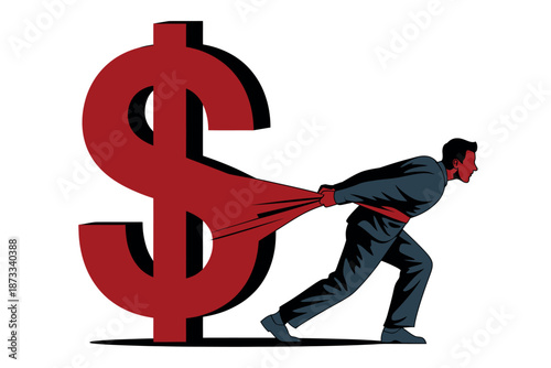 A man struggling to pull a large dollar sign, symbolizing financial stress.