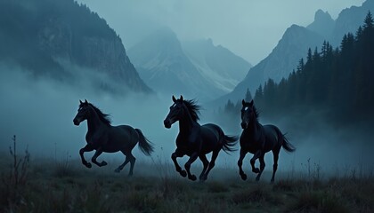 Three black horses gallop through foggy mountain landscape. Animals run free at dusk, a scenic nature photo. Majestic horses at liberty in natural setting.