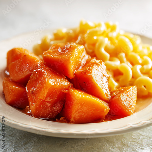 Comfort Food Plate of Creamy Macaroni and Cheese Served with Sweet Candied Yams for a Traditional Soul Food Meal