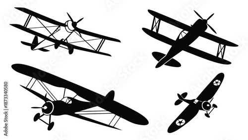 A collection of vintage biplane designs depicted in stark black forms showcasing aerial artistry silhouette