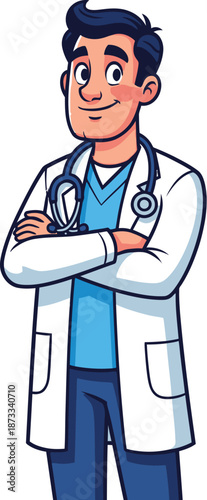 Smiling male doctor with dark hair stands professionally with arms crossed wearing a.