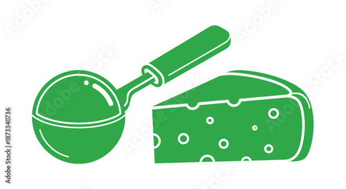 Green scoop utensil rests beside a stylized wedge of Swiss cheese on white.