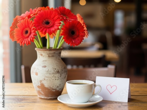 Bright red gerberas in rustic vase beside a coffee cup and heart note isolated on white background
