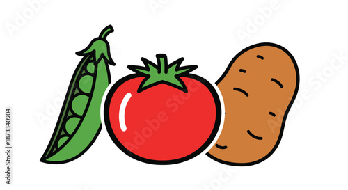 Assortment of fresh vegetables including a tomato, pea pod, and potato are grouped.