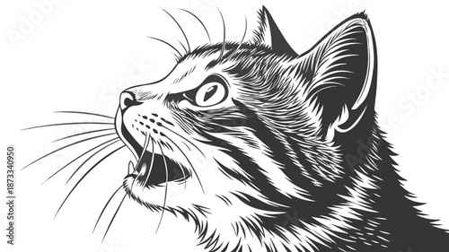 A detailed black and white illustration depicts a feline head in profile exhibiting a striking silhouette