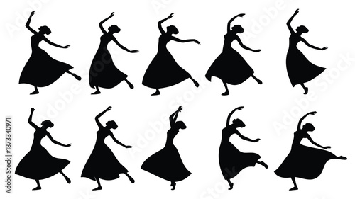 A series of black silhouettes depicting dancers in various poses capturing fluid movement and grace silhouette