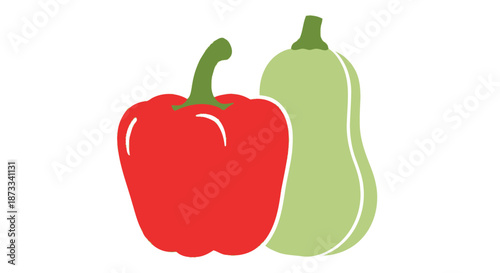 Red bell pepper sits next to a green butternut squash against a plain white.