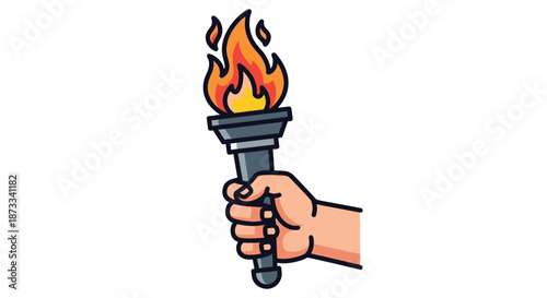 Hand holds a burning Olympic style torch with bright yellow and orange flames aloft.