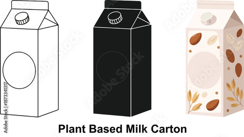 Set of three plant-based milk cartons including a line drawing a solid black silhouette and a decorative almond milk carton isolated on white background