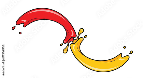 Red and yellow liquid splashes interact dynamically in a stylized graphic design.