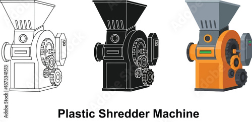 Collection of plastic shredder machine illustrations including outline silhouette and color vector graphics for industrial design and recycling concepts