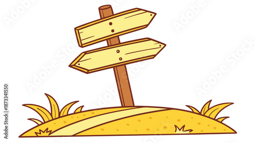 a charming illustration depicts a wooden signpost with two directional arrows on a grassy hill silhouette