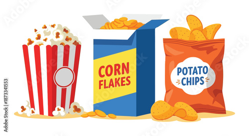 Popcorn, corn flakes, and potato chips represent various packaged snack food items.