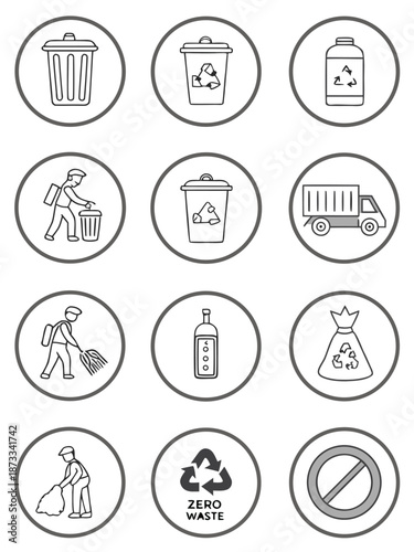 Circular icons depicting waste management recycling cleaning personnel and restricted items a clean silhouette high quality