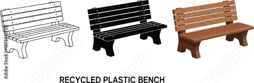 Collection of recycled plastic park benches including a line drawing black and brown options isolated on white background for design