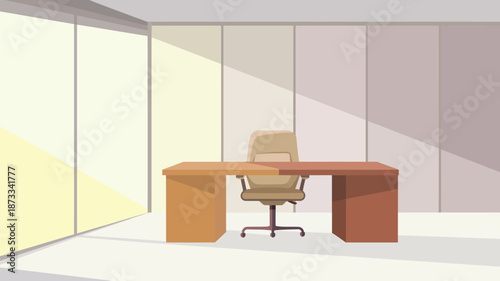 A modern office space with a wooden desk and chair in front of a large window