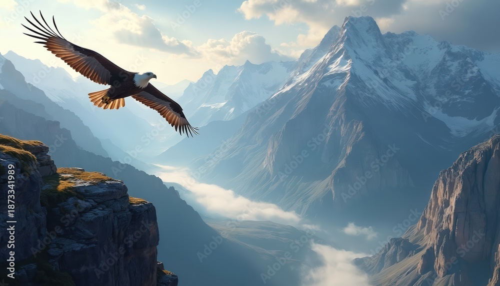 Fototapeta premium Eagle with spread wings flies above misty mountain valley. Snow capped peaks rise in background under blue sky with clouds. Bird of prey soars over rocky cliffs during daytime.