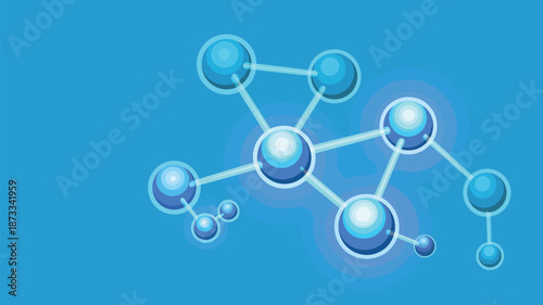 A molecular structure illustration with blue atoms and bonds on a solid background