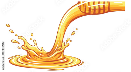 Golden honey streams down from a dipper creating a viscous splash against white.