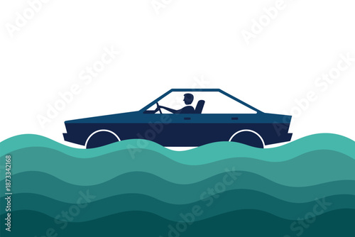 A dark blue convertible car driving through wavy ocean water