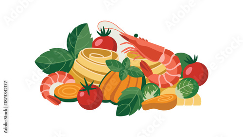 A vibrant illustration of fresh pasta with shrimp and vegetables on a white background
